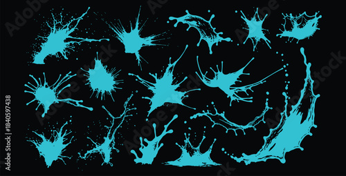 Collection of vibrant cyan paint splashes and liquid splatters isolated on a stark black background
