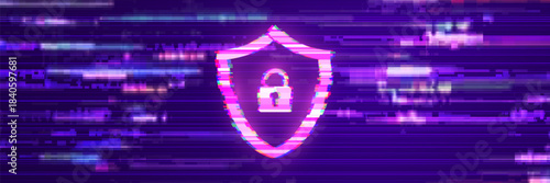 Cybersecurity Glitch Lock and Shield Symbol on Dark Background Representing Data Protection, Firewall and Secure Access. System Under Hackers Attack. Ransomware Lock Vector Illustration.