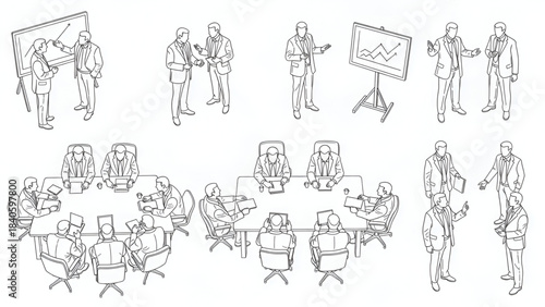 Top view cad drawing set for architectural projects, executive men standing and sitting, editable line vector
