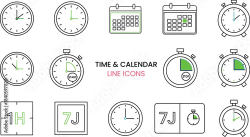 Time and calendar line icons set including clocks stopwatches and date markers with start stop functions on transparent background