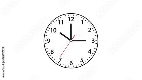 Minimalist analog clock displaying ten past three with hour minute and second hands isolated on clean white background ideal for timekeeping concepts and designs