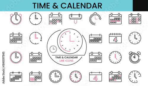 calendar set collection of time and calendar line icons featuring clocks alarm clocks calendars and date markers with modern design elements
