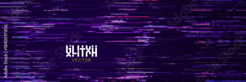 Game Glitch Pixels Screen. Abstract Cyberpunk Purple Glitched Background. Abstract Noise Effect, Error Video Damage, Stylized Data Corrupted Lines. Vector illustration. 
