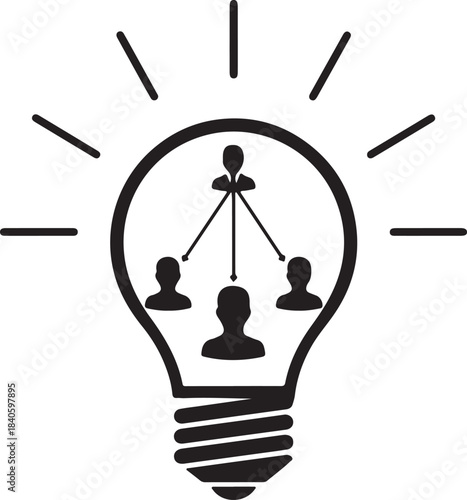 Lightbulb with connected people inside black silhouette on transparent background vector