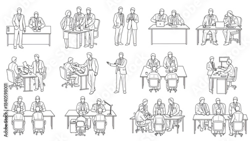 Top view cad drawing set for architectural projects, executive men standing and sitting, editable line vector
