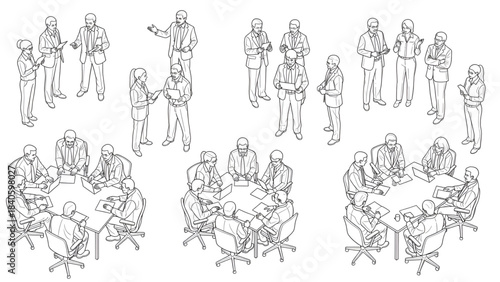 Top view cad drawing set for architectural projects, executive men standing and sitting, editable line vector
