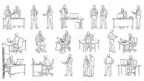 Top view cad drawing set for architectural projects, executive men standing and sitting, editable line vector
