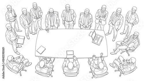 Top view cad drawing set for architectural projects, executive men standing and sitting, editable line vector
