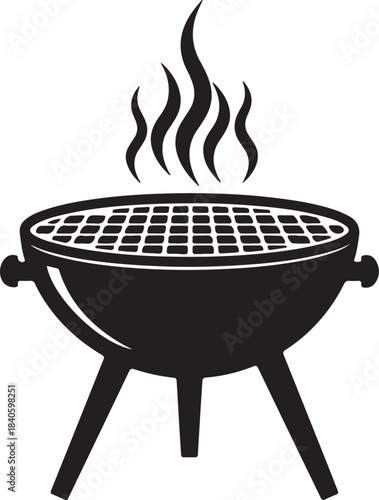 Outdoor charcoal barbecue grill with smoke rising from cooking grate design element