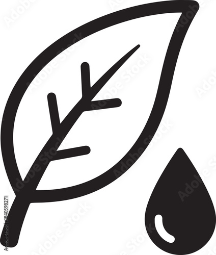 Minimalist outline icon of a leaf with a water drop symbolizing nature and freshness
