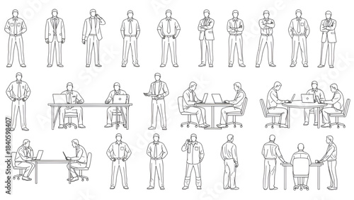 Top view cad drawing set for architectural projects, executive men standing and sitting, editable line vector
