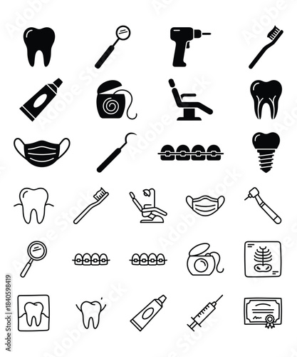 Dental care tools and tooth illustration line and solid icon set vector