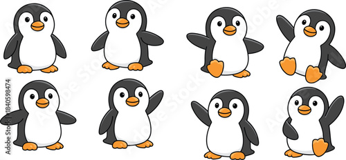 Cute cartoon penguin characters, playful winter animals, adorable arctic birds illustration, cheerful penguins waving and standing, fun kids design artwork