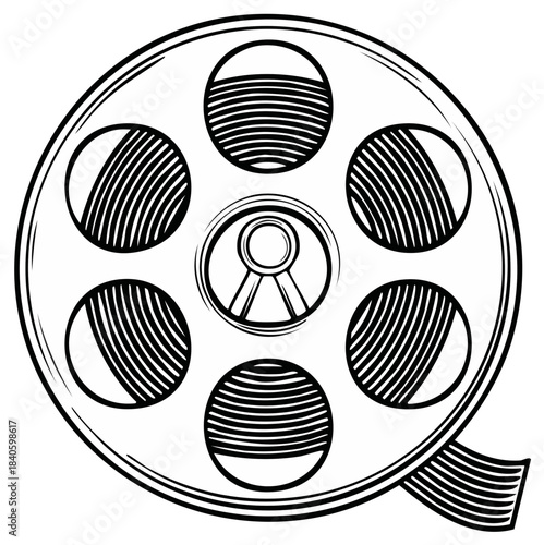Black and white vintage film reel with filmstrip classic cinema production icon