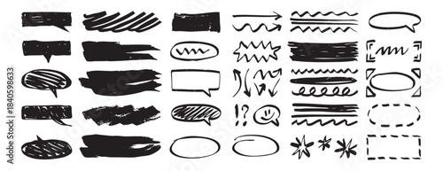 Hand drawn doodle elements set. notes, school, creative dairy design. speech bubbles, arrows and underlines, scribbles and highlights 