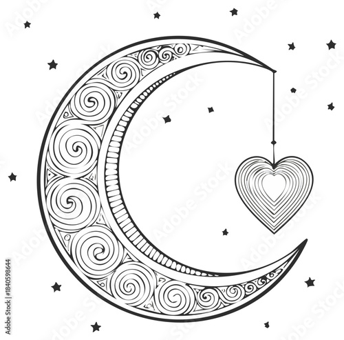 Intricate crescent moon and heart with swirling pattern among stars.