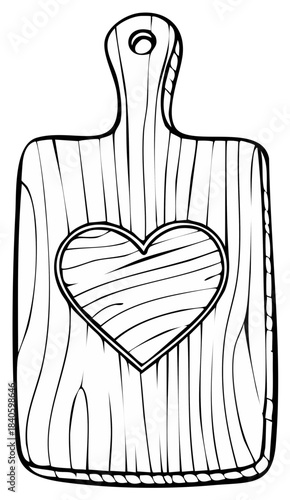 Hand drawn wooden cutting board with heart shape detailed line art illustration
