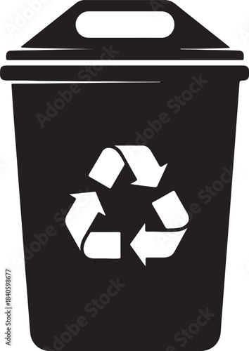Recycle bin trash can with recycle symbol black silhouette isolated on transparent background