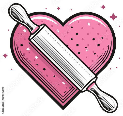 Rolling pin silhouette over a pink heart shape design, culinary theme