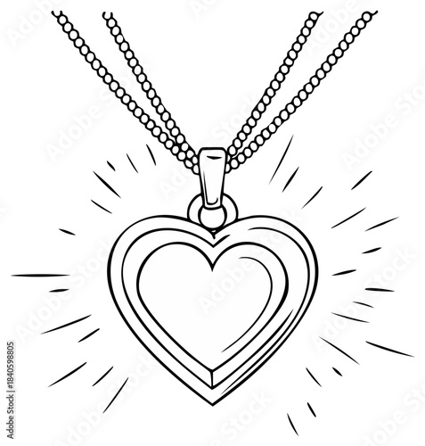 Heart shaped pendant necklace with chain and light burst effect illustration
