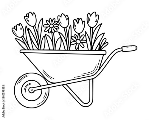 Black and white line of a wheelbarrow filled with flowers tulips daisies