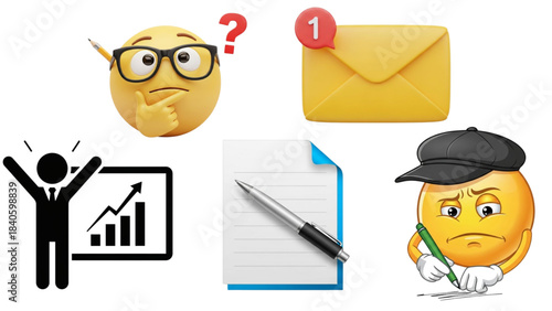 Business success, confusion, email notification, document, and sadness emojis collage