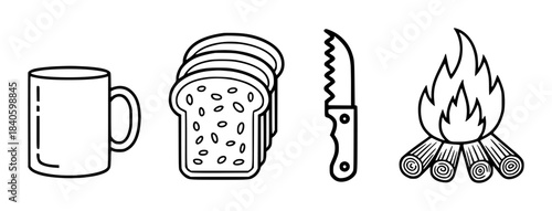 Black and white line of mug bread knife and campfire isolated with transparent background