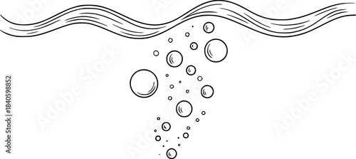 Bubbles rising from a wavy water surface on a white background liquid