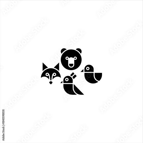 4  geometric animal shapes fox, bear, bird, solid black vector fill, white background