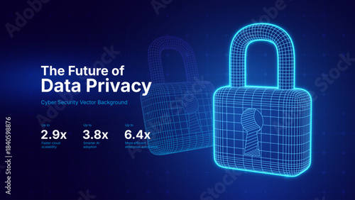 Future of Data Privacy Protection. Cyber Security Padlock. Digital Lock Concept on Futuristic Blue Background. Technology and Encryption Theme. Vector Illustration.