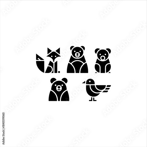 5 geometric animal shapes fox, bear, bird, solid black vector fill, white background