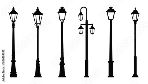 Collection of outdoor street light lamps vector illustration designs in silhouette