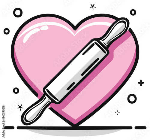 Playful cartoon graphic with a cheerful pink heart embracing a traditional rolling pin for passionate home baking