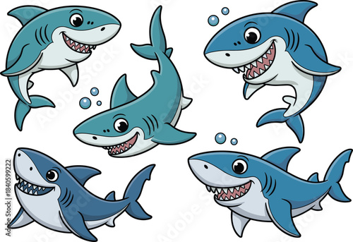 Cute cartoon shark characters, smiling baby sharks illustration set, friendly ocean animals artwork, playful sea creature design for kids and education projects