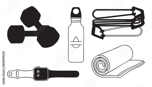 Gym fitness equipment collection vector illustration, workout accessories outlined