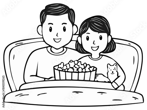 Cartoon Couple in Bed with Popcorn and Toy, Illustration of Movie Night