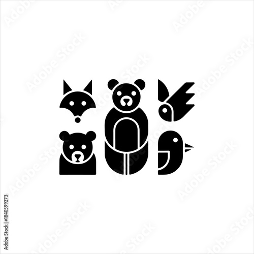 6 geometric animal shapes fox, bear, bird, solid black vector fill, white background