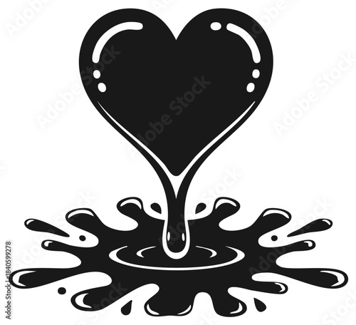 Abstract Black Heart Shape Dripping Into Splashy Puddle Art, Symbolizing Love or Oil Concept