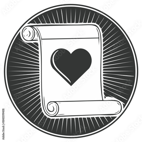 Vintage Heart Scroll Emblem with Sunburst Rays Symbolizing Love and Tradition