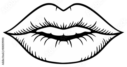 Lush Lips with Eyelashes Monochrome Illustration Isolated Design Element