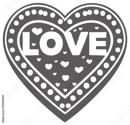 Heart shape graphic with the word love, surrounded by decorative elements