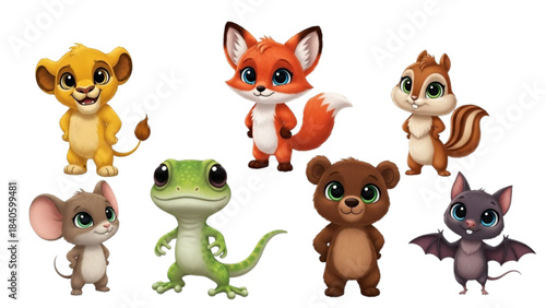 Cute cartoon baby animals collection lion cub, fox, squirrel, mouse, lizard, bear, bat