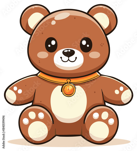 Adorable cartoon brown teddy bear with a golden collar and locket, sitting and smiling