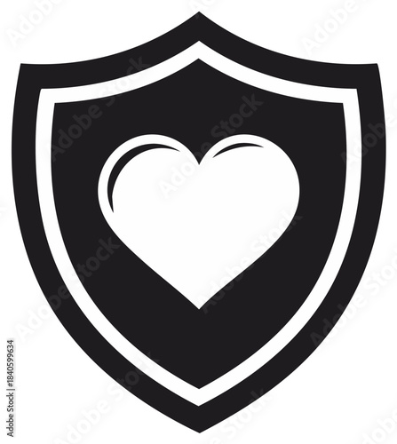 Simple black and white shield icon featuring a heart, representing love, health, and defense