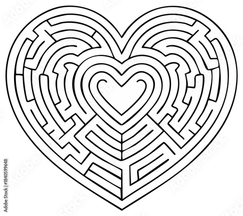 Heart shaped maze puzzle representing love challenge and finding the solution path
