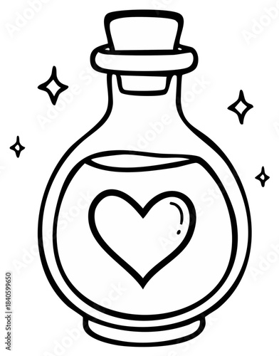 Whimsical Love Potion Bottle with Sparkles and Heart Outline Simple Drawing