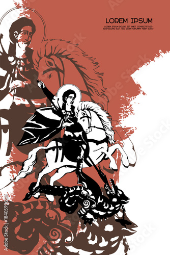 Religious vintage poster template with Saint George. Christian illustration in Byzantine style