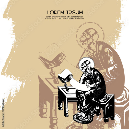 Religious vintage poster template with John the Apostle. Christian illustration in Byzantine style