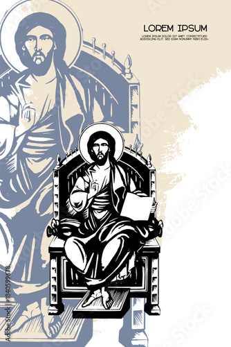 Religious vintage poster template with Jesus Christ the greatest Bishop sitting on throne. Christian illustration in Byzantine style