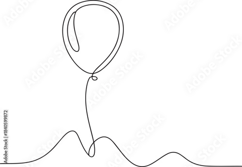 Continuous Line Art Illustration of a Balloon Floating Above a Curved Mountain Line in Organic Contour